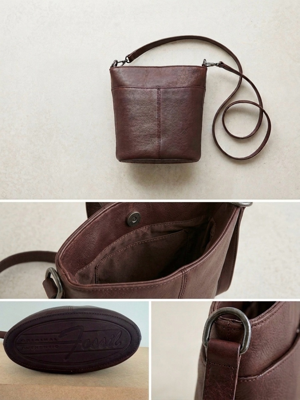 Fossil Vintage Minimal Leather Crossbody Bag in Deep Brown